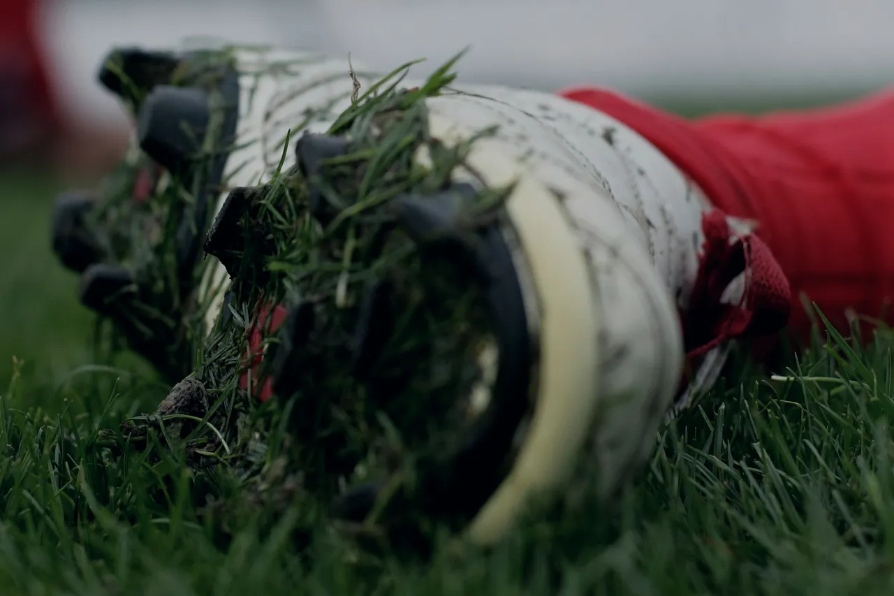 Studs packed with torn grass, shot at ground level.